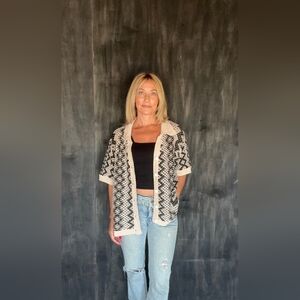 Heyday Black and Cream Button-Up Oversized Cardigan